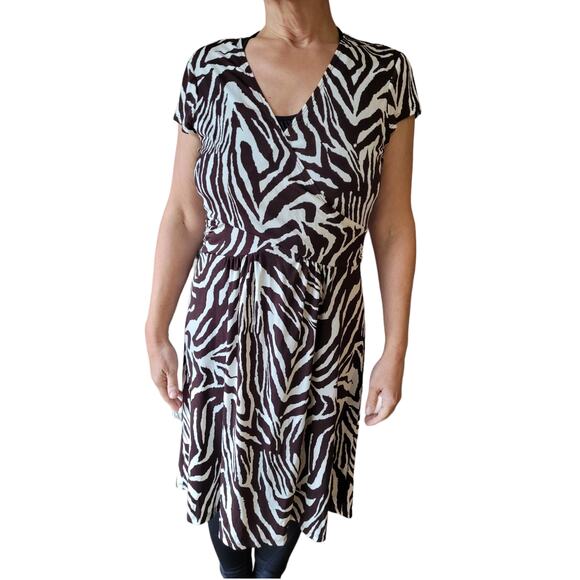 Connected Apparel Zebra Print Faux Wrap Dress 12 Stretch Ruched Bodycon Career - Picture 1 of 9